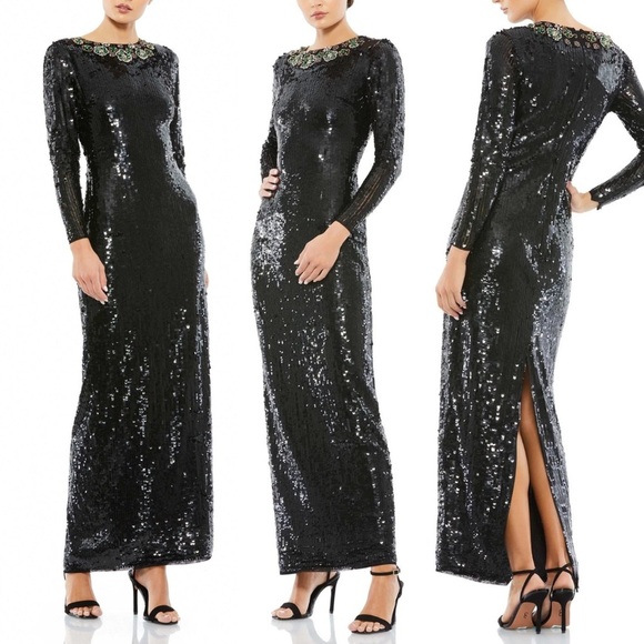 Mac Duggal Sequined Embellished Collar Gown in Black Green size 6 style 93613 - Picture 1 of 16